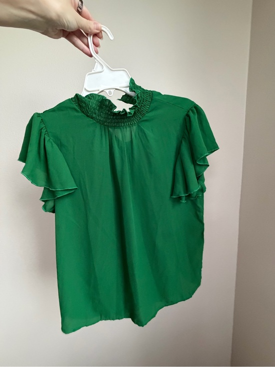 SHEIN Tops - Emerald Green Ruffle Sleeve Smocked Neck Blouse